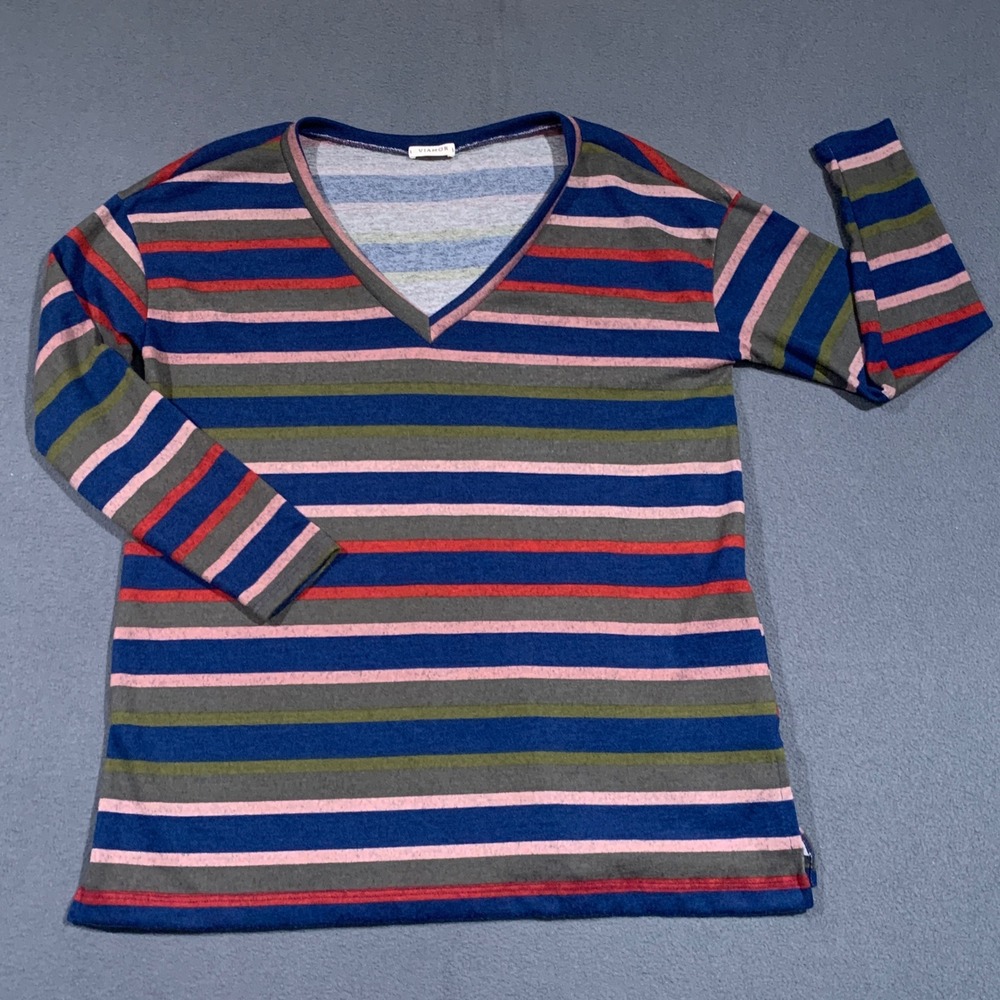 90s Style Striped Knit Top Women's Small V Neck Long Sleeve Casual USA Made Soft